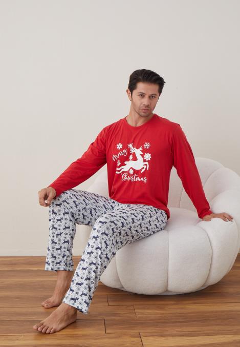 Pijama barbati Craciun "Chrystmas Merry" , maneca lunga ,pantaloni lungi,Culoare Rosu ,Engros